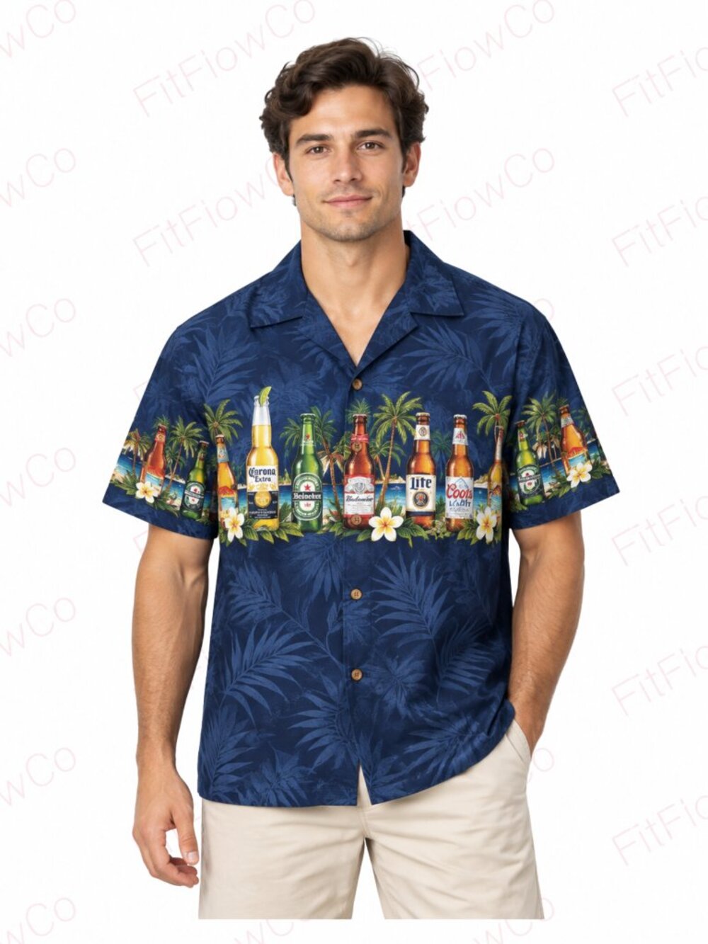 RJC Hawaiian Aloha Shirt Men L Beer Bottle Palm Tree Made in Hawaii